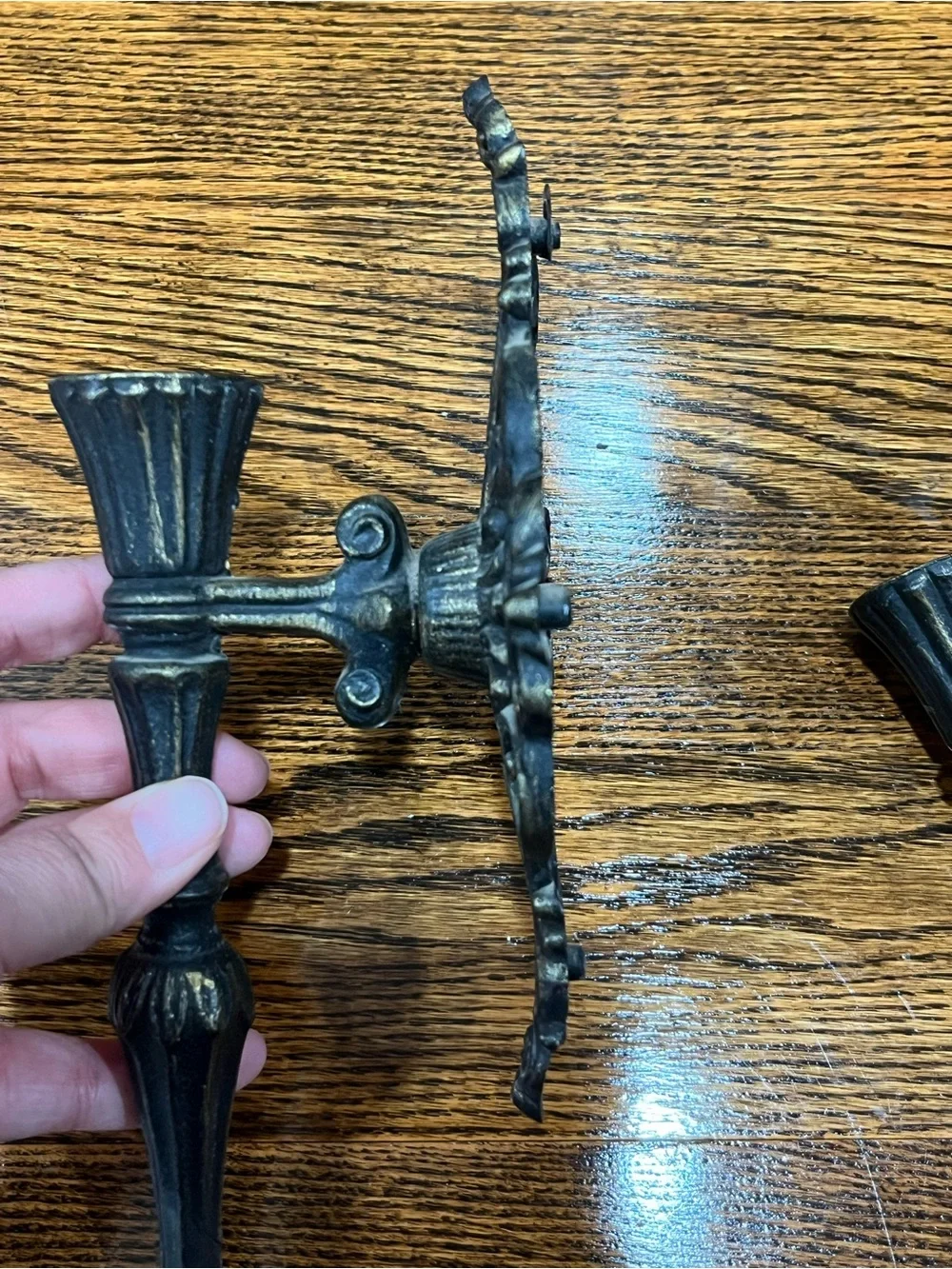 Pair of Gothic Cast Metal Wall Sconces Black Ornate Taper Candle Holders